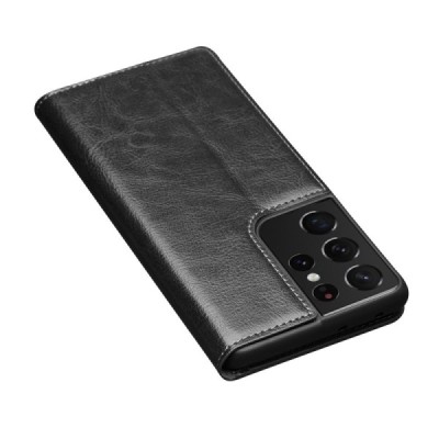 Samsung Galaxy S21 Ultra "QIALINO" atvēramais ādas melns maciņš - maks | Vacins.lv