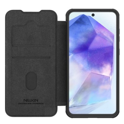Samsung Galaxy A56 роскошный серии Nillkin Qin Pro кожаный чехол-книжка - чёрный | Vacins.lv