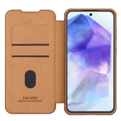 Greznais "Nillkin" Qin Pro sērijas ādas atvērams brūns Samsung Galaxy A56 maciņš | Vacins.lv