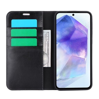 Samsung Galaxy A55 Solīds melns ādas atvērams maciņš | Vacins.lv