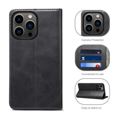 Apple iPhone 15 Pro Max "Suteni" чёрный кожаный чехол-книжка | Vacins.lv