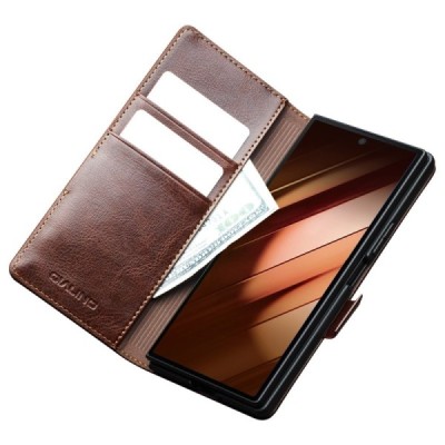Samsung Galaxy Fold7 "QIALINO" atvēramais ādas brūns maciņš - maks | Vacins.lv