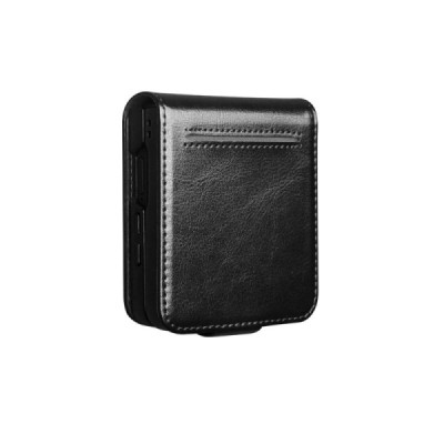 Samsung Galaxy Flip7 "QIALINO" открываемый чёрный кожаный чехол - книжка | Vacins.lv