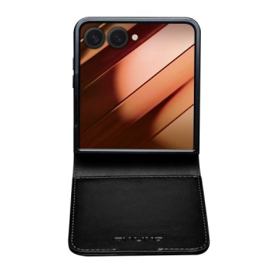 Samsung Galaxy Flip7 "QIALINO" открываемый чёрный кожаный чехол - книжка | Vacins.lv