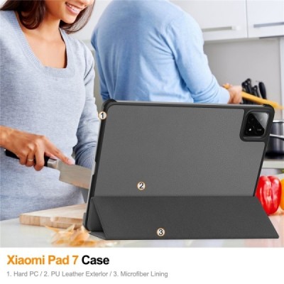 Xiaomi Pad 7 / Pad 7 Pro „Saige" серый кожаный чехол-книжка (складной) | Vacins.lv