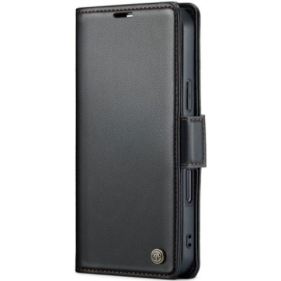 Apple iPhone 16 Pro Max CaseMe Leather atvēramais ādas maciņš (maks)  - melns | Vacins.lv
