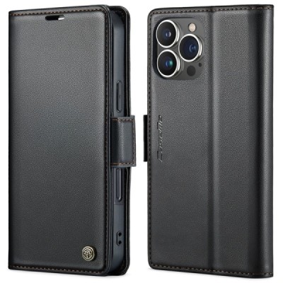 Apple iPhone 16 Pro Max CaseMe Leather atvēramais ādas maciņš (maks)  - melns | Vacins.lv
