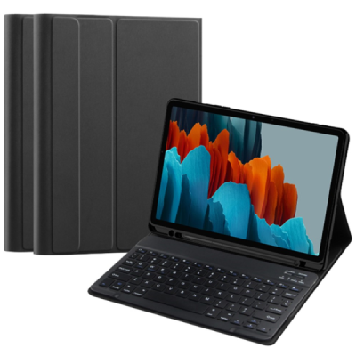 Samsung Galaxy Tab S10 FE / S10 / S9 FE / S9 / S8 / S7 / S10 Lite "Bosina" ādas atvēramais melns futrālis ar bluetooth tastatūra