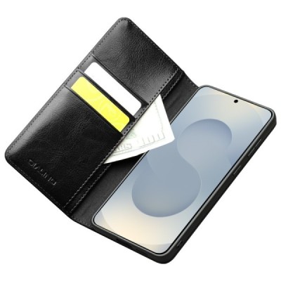 Samsung Galaxy S25 Edge "QIALINO" открываемый чёрный кожаный чехол - книжка | Vacins.lv