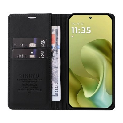 Motorola Moto G86 / G86 Power "Split" чёрный кожаный чехол-книжка | Vacins.lv