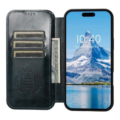 Apple iPhone 16 Pro "Suteni" MagSafe синий кожаный чехол-книжка | Vacins.lv