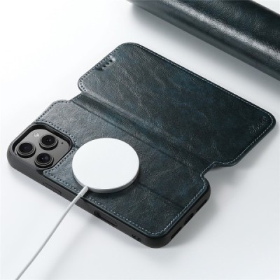 Apple iPhone 16 Pro "Suteni" MagSafe синий кожаный чехол-книжка | Vacins.lv