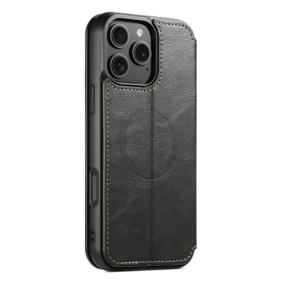 Apple iPhone 16 Pro Max "Suteni" MagSafe чёрный кожаный чехол-книжка | Vacins.lv
