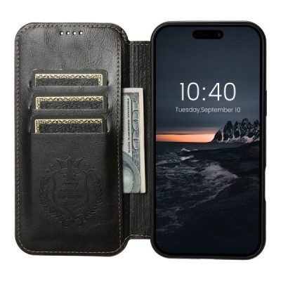 Apple iPhone 16 Pro Max "Suteni" MagSafe чёрный кожаный чехол-книжка | Vacins.lv