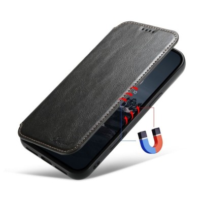 Apple iPhone 16 Pro Max "Suteni" MagSafe чёрный кожаный чехол-книжка | Vacins.lv