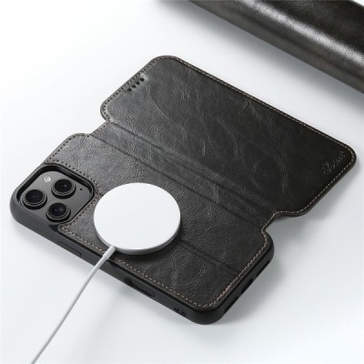 Apple iPhone 16 Pro Max "Suteni" MagSafe чёрный кожаный чехол-книжка | Vacins.lv