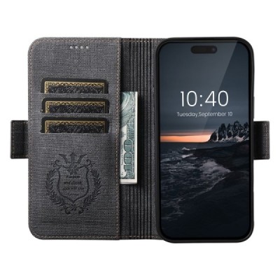 Apple iPhone 16 Pro Max „SUTENI“ MagSafe Retro solīds atvēramais ādas melns maciņš - maks | Vacins.lv