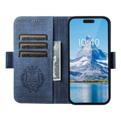 Apple iPhone 16 Pro „SUTENI“ MagSafe Retro solīds atvēramais ādas zils maciņš - maks | Vacins.lv