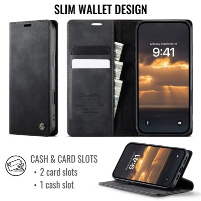 Apple iPhone 16 Pro Max CaseMe Retro Skin atvēramais ādas melns maciņš - maks | Vacins.lv