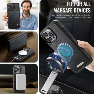 Apple iPhone 16 Pro „CaseMe“ MagSafe Leather 2-in-1 atlokāms maciņš - melns | Vacins.lv