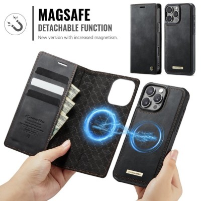 Apple iPhone 16 Pro „CaseMe“ MagSafe Leather 2-in-1 atlokāms maciņš - melns | Vacins.lv