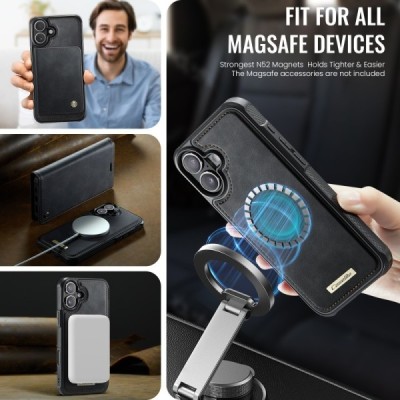 Apple iPhone 16 „CaseMe“ MagSafe Leather 2-in-1 atlokāms maciņš - melns | Vacins.lv