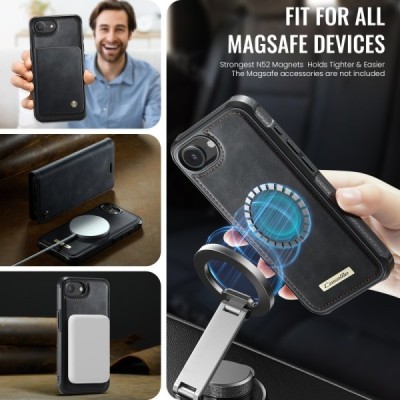 „CaseMe“ MagSafe Leather прочный чехол-книжка 2-в-1 - чёрный (iPhone 17e / 16e)