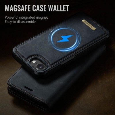 „CaseMe“ MagSafe Leather прочный чехол-книжка 2-в-1 - чёрный (iPhone 17e / 16e)