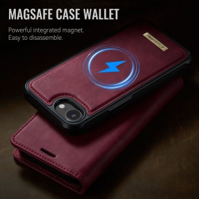 „CaseMe“ MagSafe Leather прочный чехол-книжка 2-в-1 - бордовый (iPhone 17e / 16e)