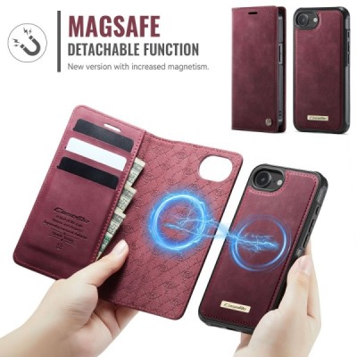 „CaseMe“ MagSafe Leather прочный чехол-книжка 2-в-1 - бордовый (iPhone 17e / 16e)