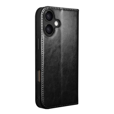 Apple iPhone 17 "QIALINO" открываемый чёрный кожаный чехол - книжка | Vacins.lv