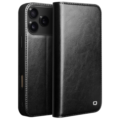 Apple iPhone 17 Pro Max "QIALINO" atvēramais ādas melns maciņš - maks | Vacins.lv
