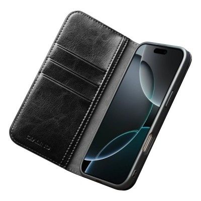 Apple iPhone 17 Pro Max "QIALINO" atvēramais ādas melns maciņš - maks | Vacins.lv