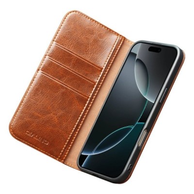 Apple iPhone 17 Pro Max "QIALINO" atvēramais ādas gaiši brūns maciņš - maks | Vacins.lv