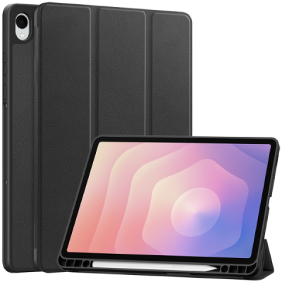 Samsung Galaxy Tab S11 atvēramais melns maciņš - maks ar vietu, kur ielikt stylus | Vacins.lv
