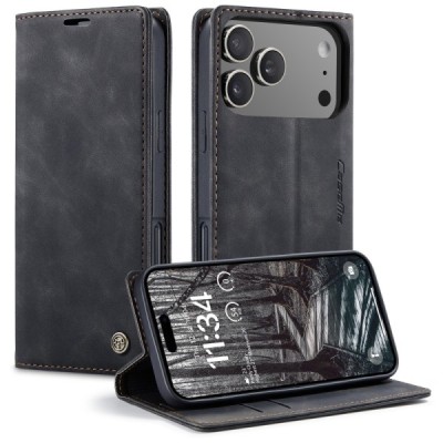 Apple iPhone 17 Pro Max CaseMe Retro solīds atvēramais ādas melns maciņš - maks | Vacins.lv
