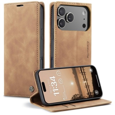 Apple iPhone 17 Pro CaseMe Retro solīds atvēramais ādas gaiši brūns maciņš - maks | Vacins.lv