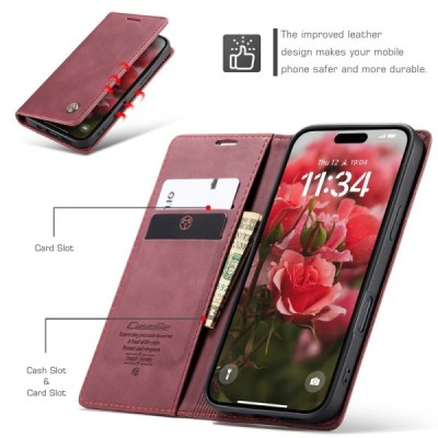 Apple iPhone 17 CaseMe Retro solīds atvēramais ādas bordo maciņš - maks | Vacins.lv