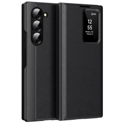 Samsung Galaxy Fold6 Чехол-книжка Qing Smart View Solid - черный | Vacins.lv