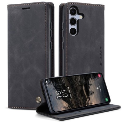 Samsung Galaxy S25 FE CaseMe Retro solīds atvēramais ādas melns maciņš - maks | Vacins.lv