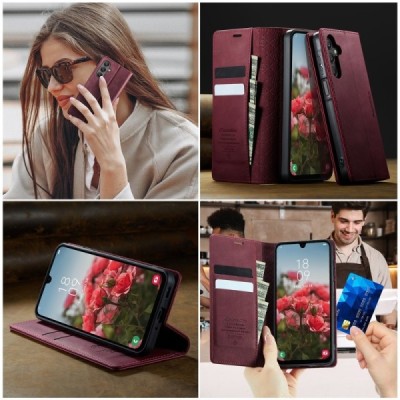 Samsung Galaxy A16 CaseMe Retro Skin открываемый, бордовый цвета, кожаный чехол – книжка | Vacins.lv