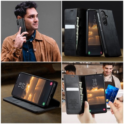 "CaseMe" Retro Skin atvēramais ādas maciņš - melns (Galaxy A57)