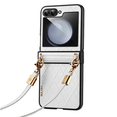 Кожаный чехол „Sulada“ Leather Strap Kickstand - белый (Galaxy Flip5)