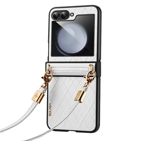 „Sulada“ Leather Strap Kickstand ādas apvalks - balts (Galaxy Flip5)