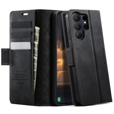 "CaseMe" Retro Skin atvēramais ādas maciņš - melns (Galaxy S26 Ultra)