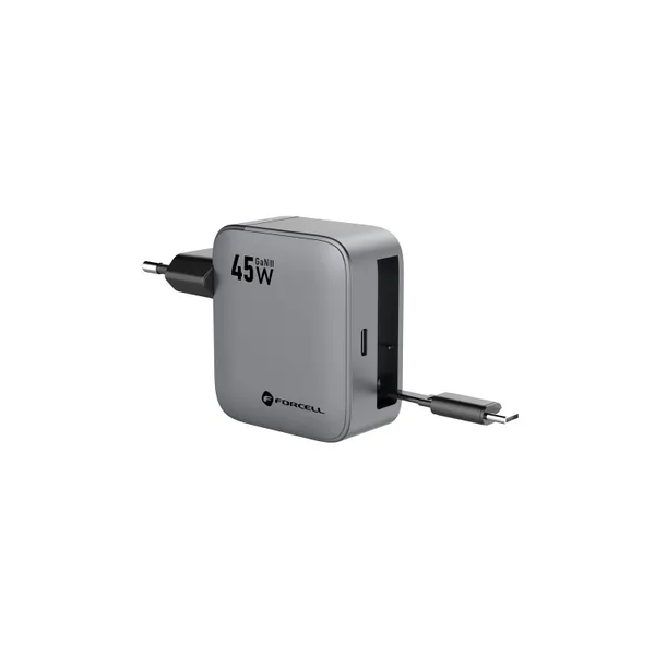 „Forcell“ Настенное зарядное устройство (45 Вт) со встроенным кабелем USB-C – черное
