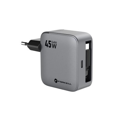 „Forcell“ Sienas lādētājs (45 W) ar integrētu USB-C kabeli – melns