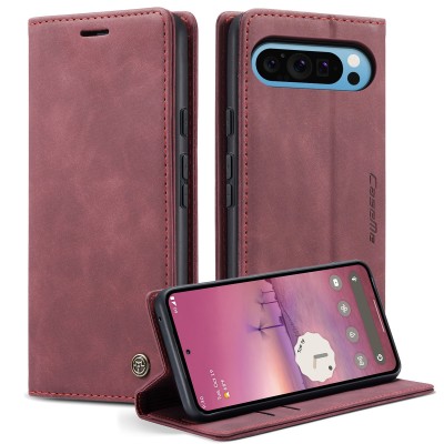 Кожиный чехол-книжка "CaseMe" Retro - бордовый (Pixel 10 Pro XL)