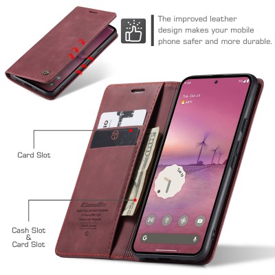 "CaseMe" Retro solīds atvēramais ādas maciņš - bordo (Pixel 10 Pro XL)