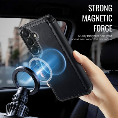 „CaseMe“ MagSafe Leather atlokāms vaciņš - melns (Galaxy A17 / A26 / A16)